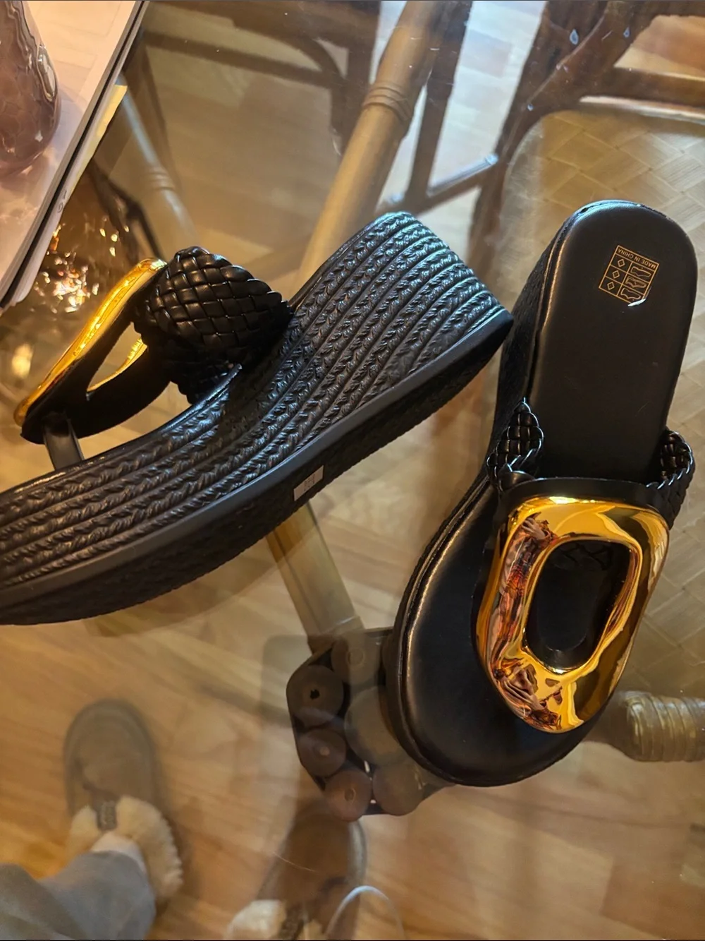 Black Platform Thong Sandals with Gold Accent